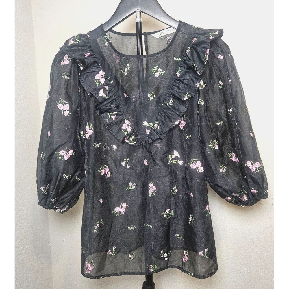 Zara Womens Sheer Floral Blouse Size M Black Ruffle Puff Sleeve Romantic Top